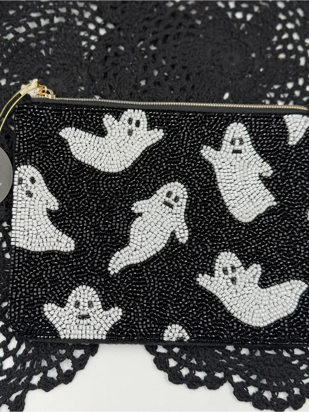 Fringe Studio Halloween Ghost Beaded Pouch Black White Spooky NWT